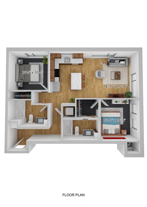 Floor plan for 2 beds, 1 bath, 891 sqft